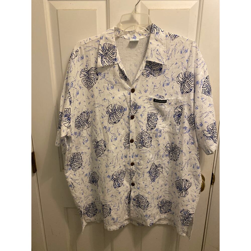 Vintage COJ Apparel Men's Size 3XL White Blue Button Down Shirt Hawaiian
